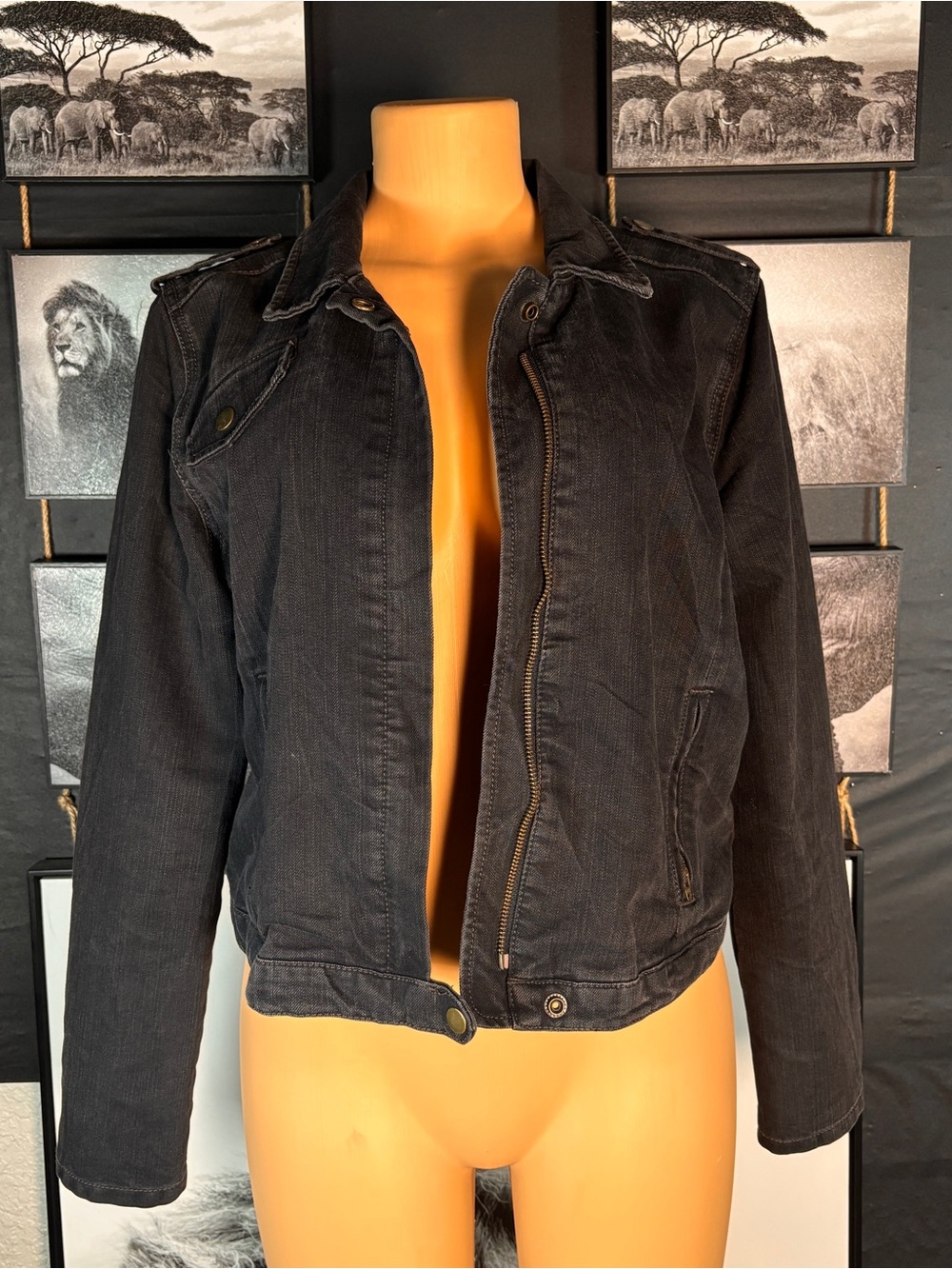 GAP Black Denim Moto Jacket Women’s Large L Zip Front Stretch Jean Jacket
